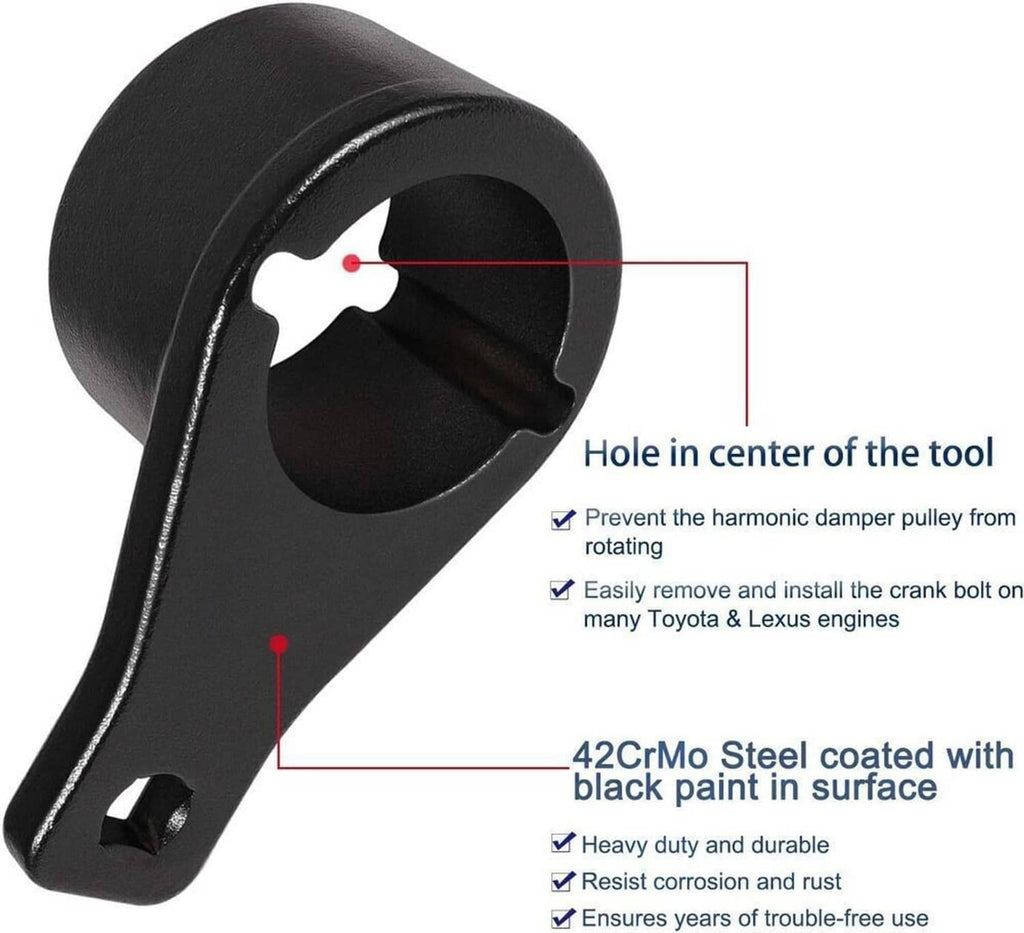 Black crankshaft pulley holding tool with center hole and steel body