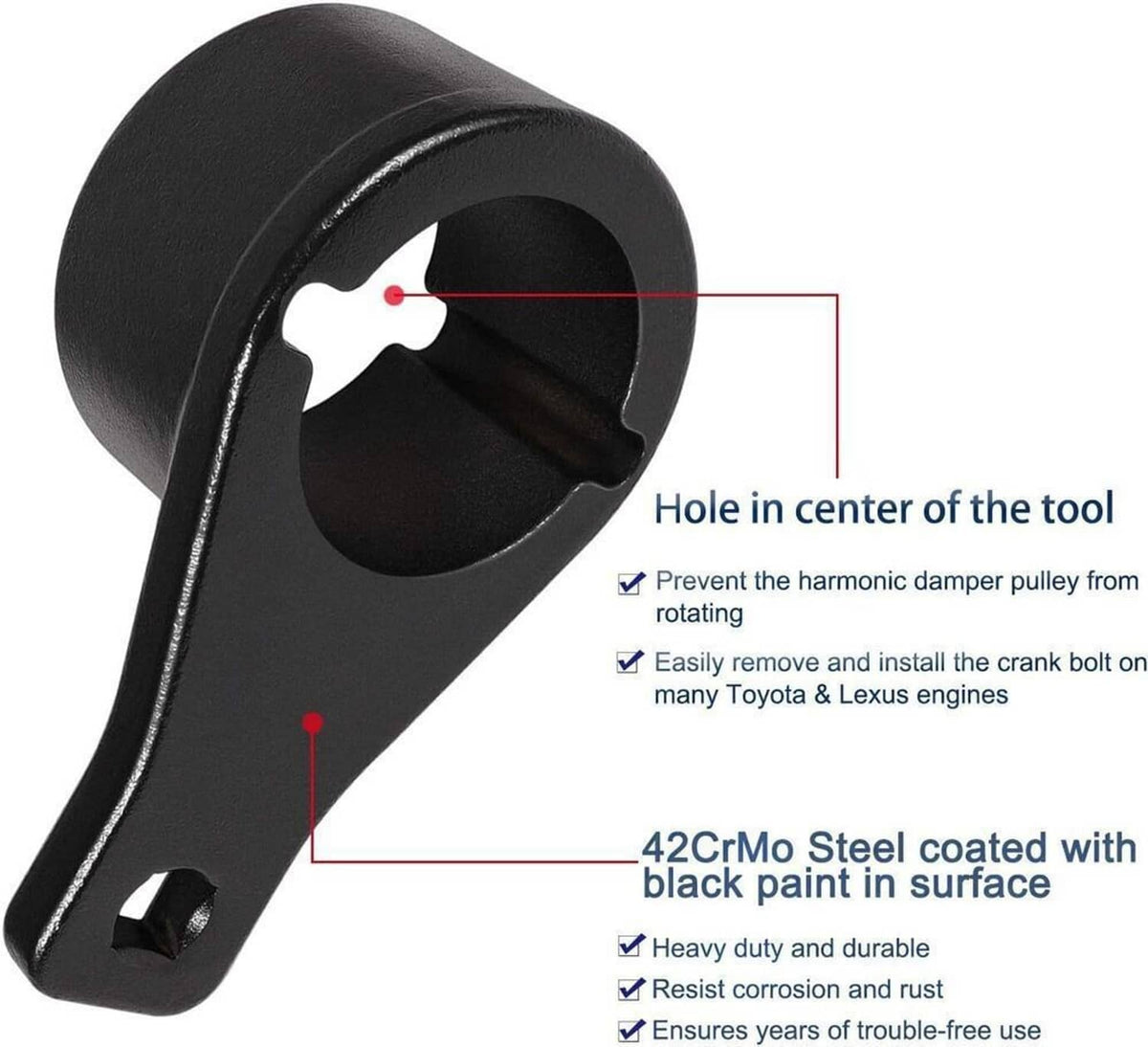 Black crankshaft pulley holding tool with center hole and steel body