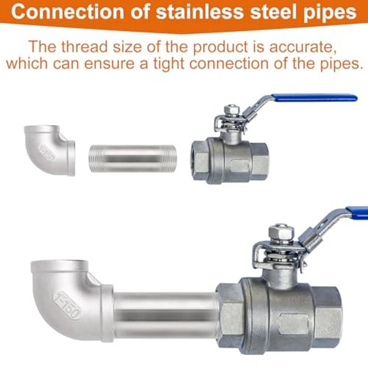 Stainless steel 90° elbow fittings connecting stainless pipes with NPT threads