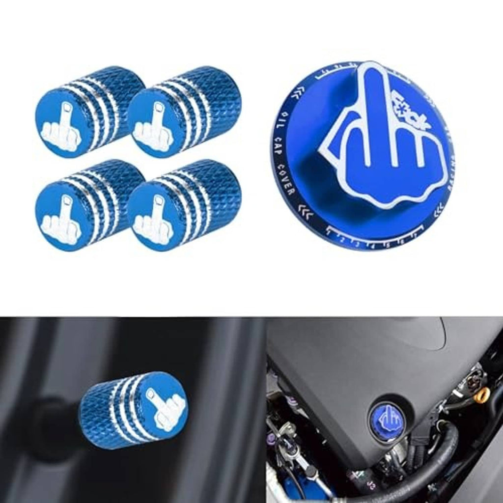 Blue tire valve caps with white hand emblem, shown installed near a wheel valve