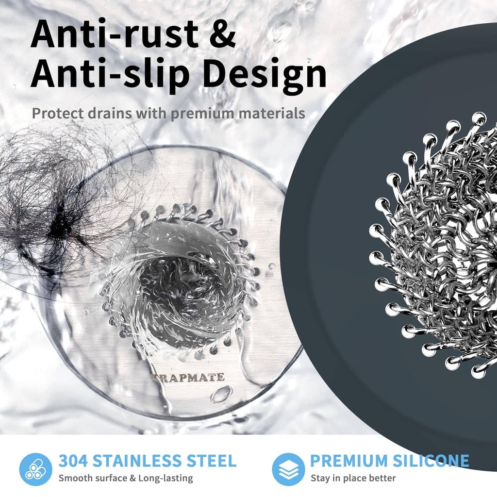 Silver reversible drain strainer with anti-rust mesh and chainmail basket for sink drains