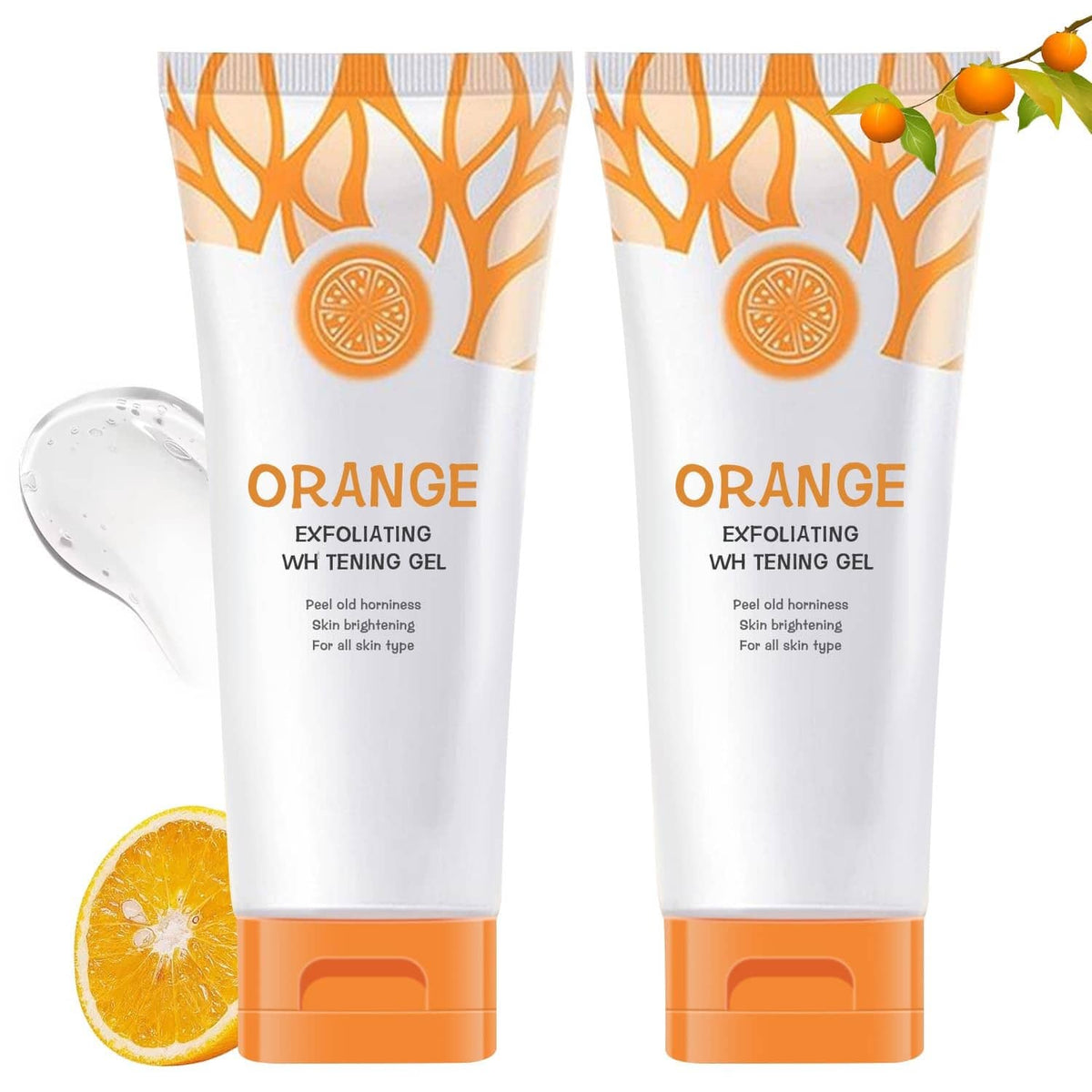 Orange exfoliating gel scrub, white tube with orange cap, 2-pack with orange accents