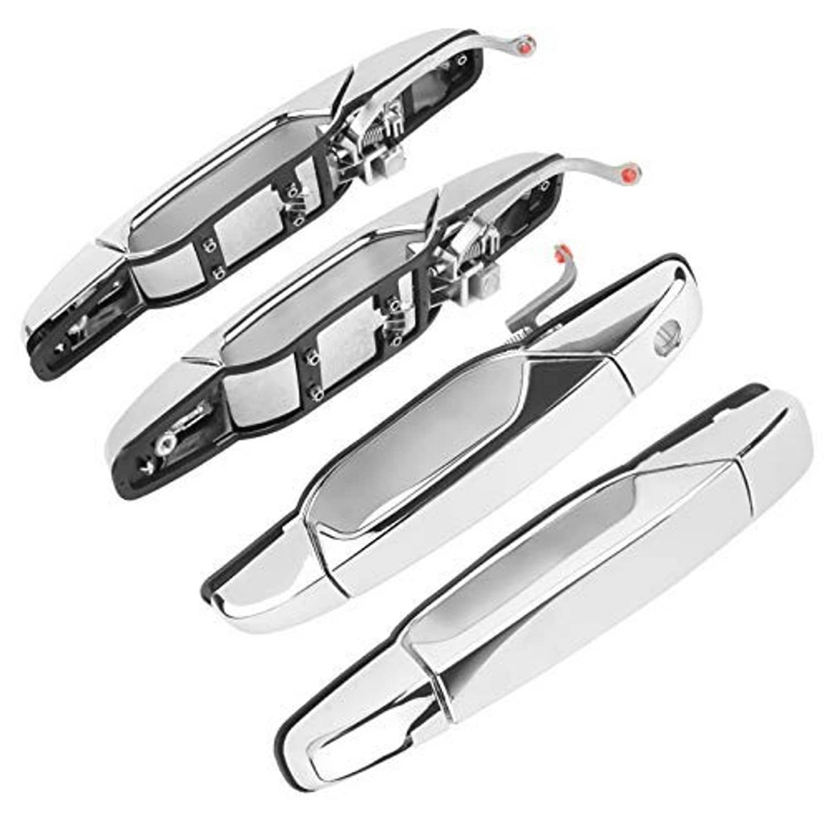 Chrome exterior door handle set with interior components visible, curved lever design