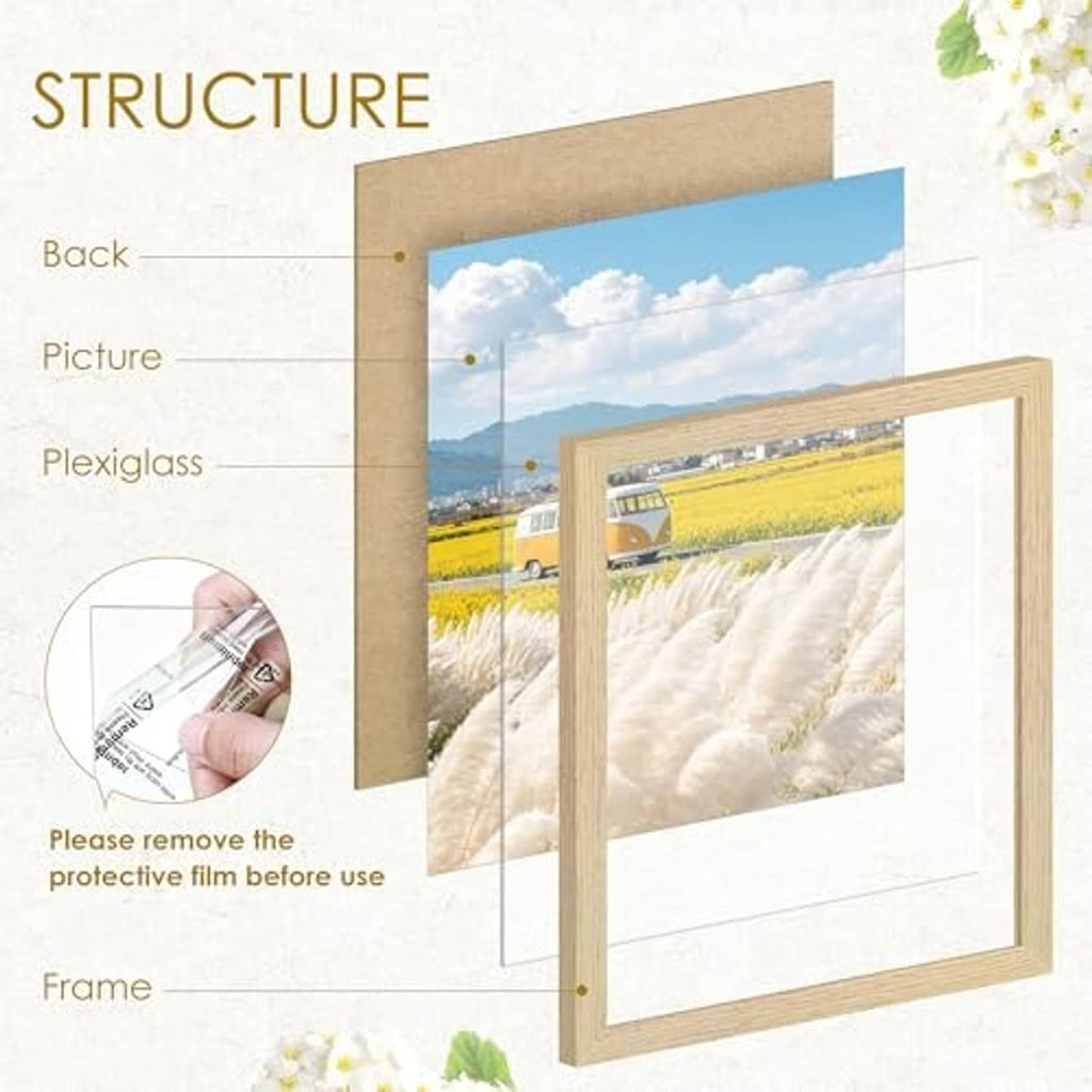 Wood picture frame diagram showing backing, picture, and clear plexiglass