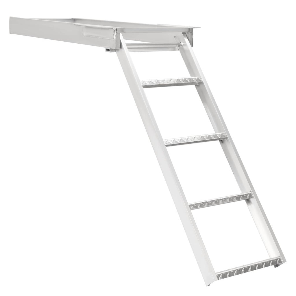 White-silver 4-step aluminum ladder with wide top platform and textured rungs
