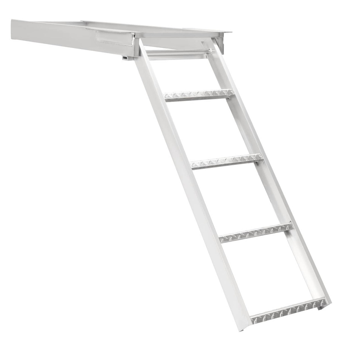 White-silver 4-step aluminum ladder with wide top platform and textured rungs