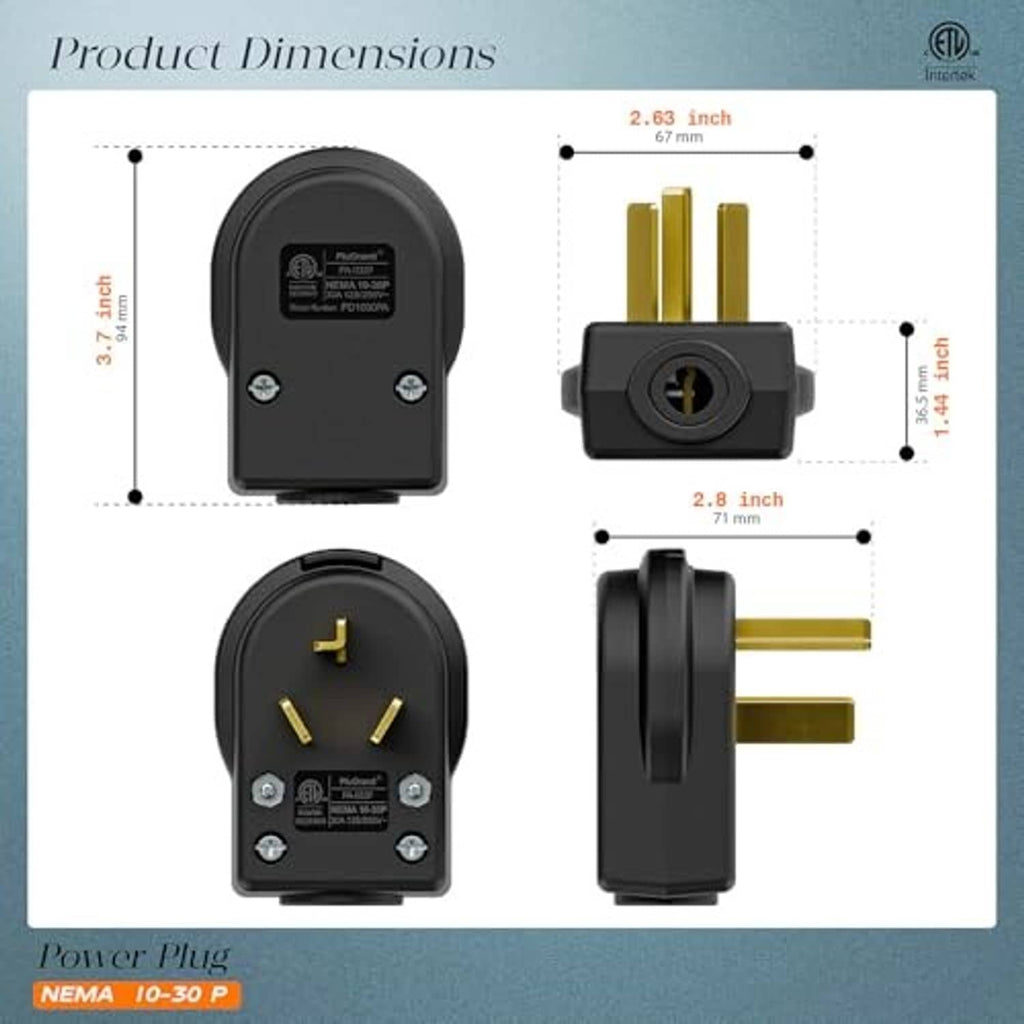NEMA 10-30P power plug product dimensions view, black body with gold prongs