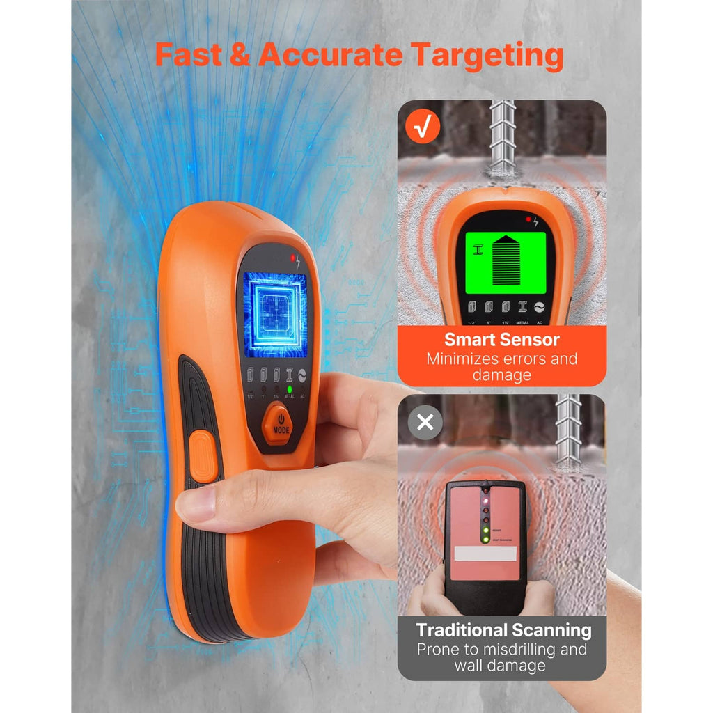 Orange wall scanner in hand with green LCD for target detection