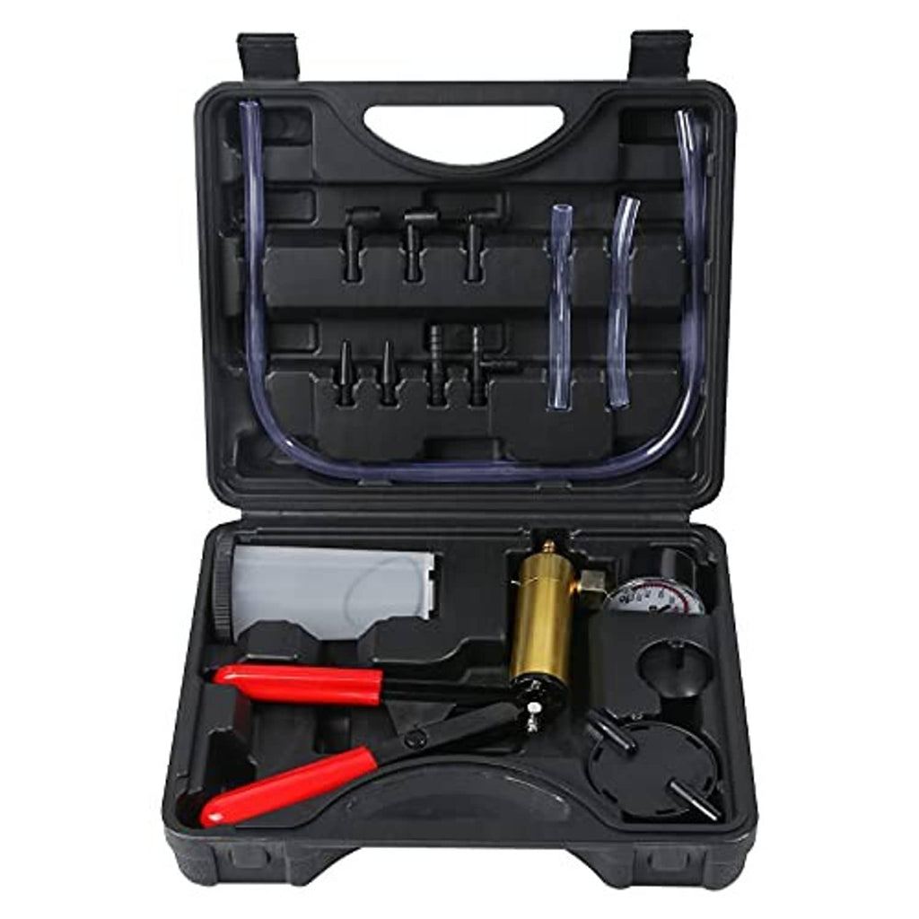 Brake bleeder vacuum pump kit opened in black case with hand pump, gauge, adapters, and hoses