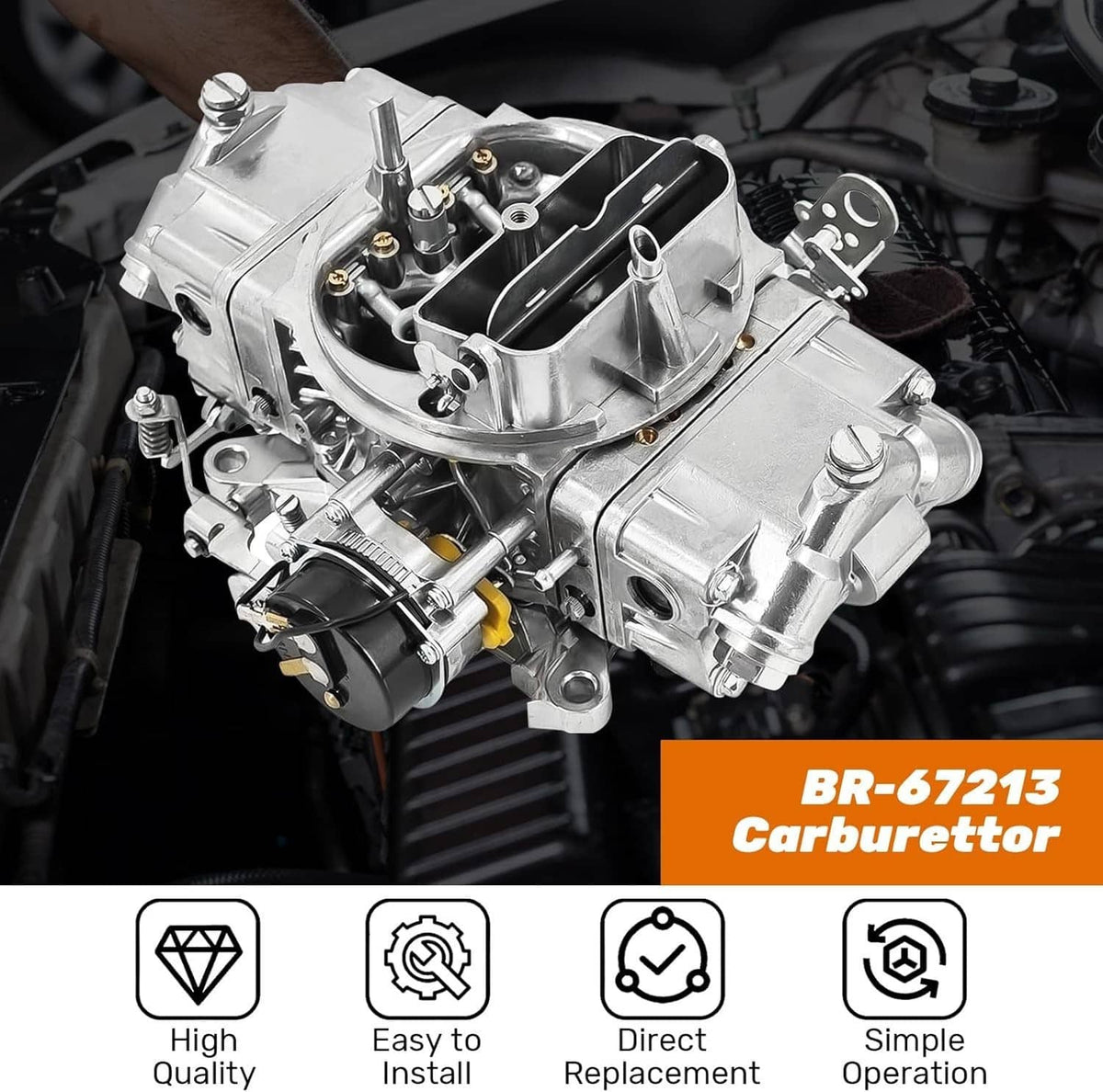 4-barrel double pumper carburetor in engine bay, angled close view