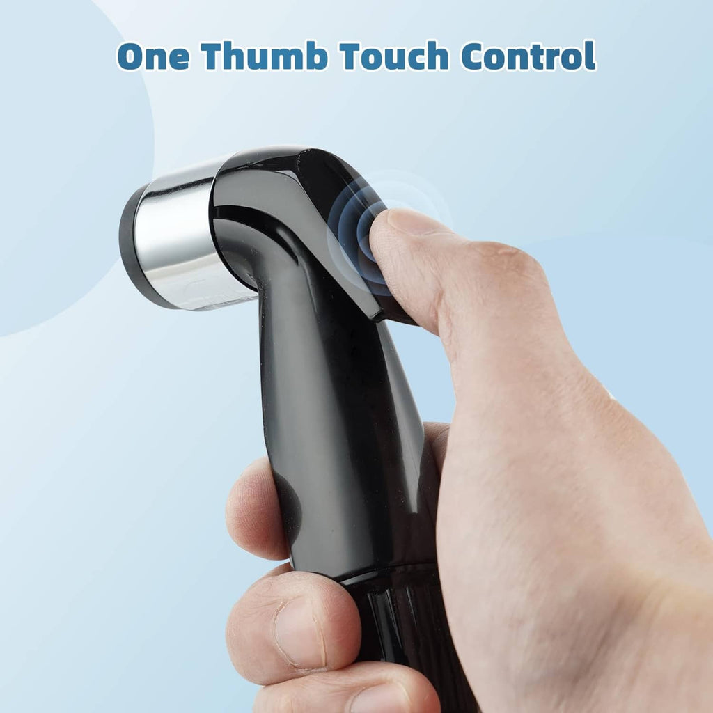 Matte black sprayer attachment with thumb-operated control, held by hand