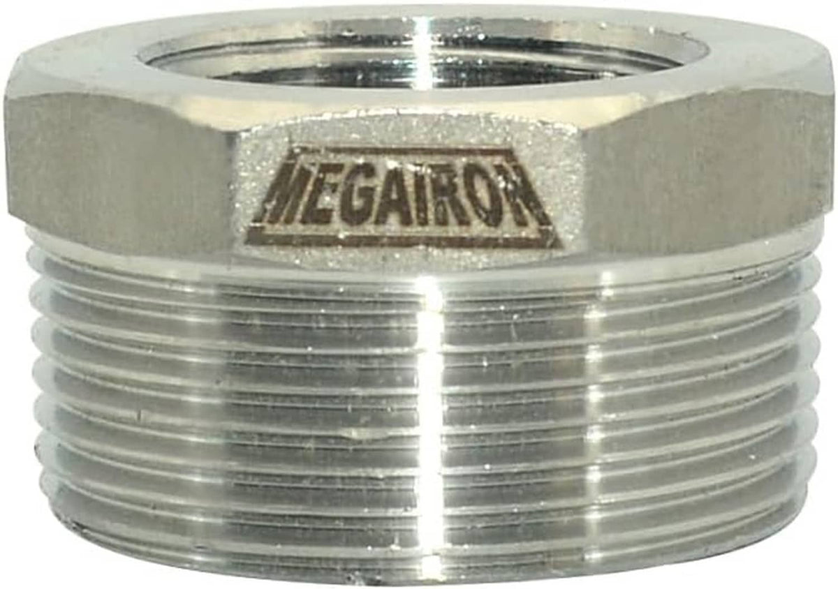 Metal NPT reducing bushing with hex ends and internal/external pipe threads, branded MEGATRO