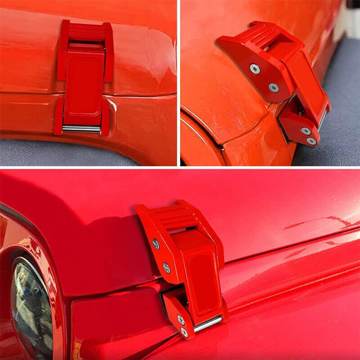 Red hood latch lock installed on a red vehicle hood, showing hinged latch arm