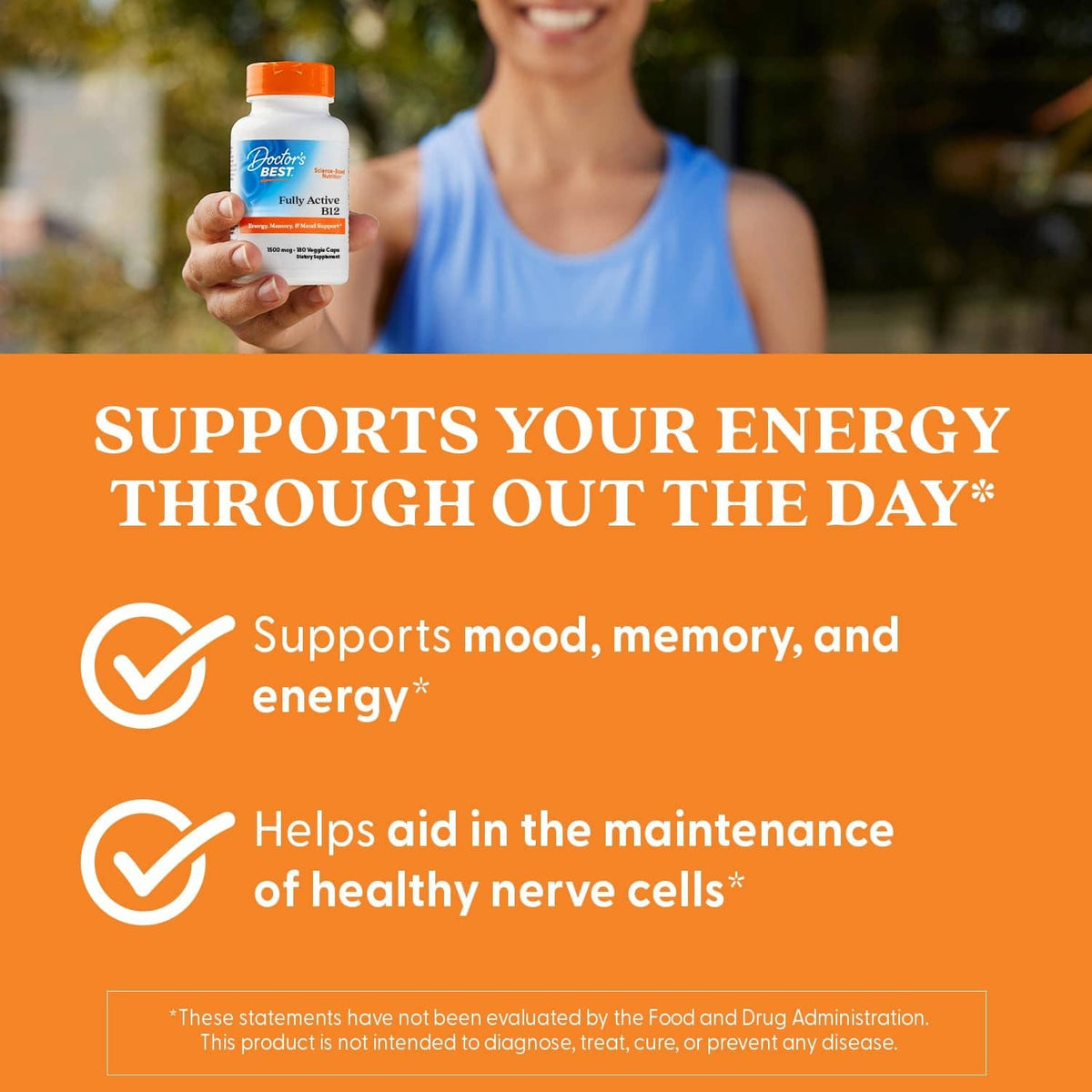 Vitamin B12 supplement bottle in a hand, orange cap, supports energy