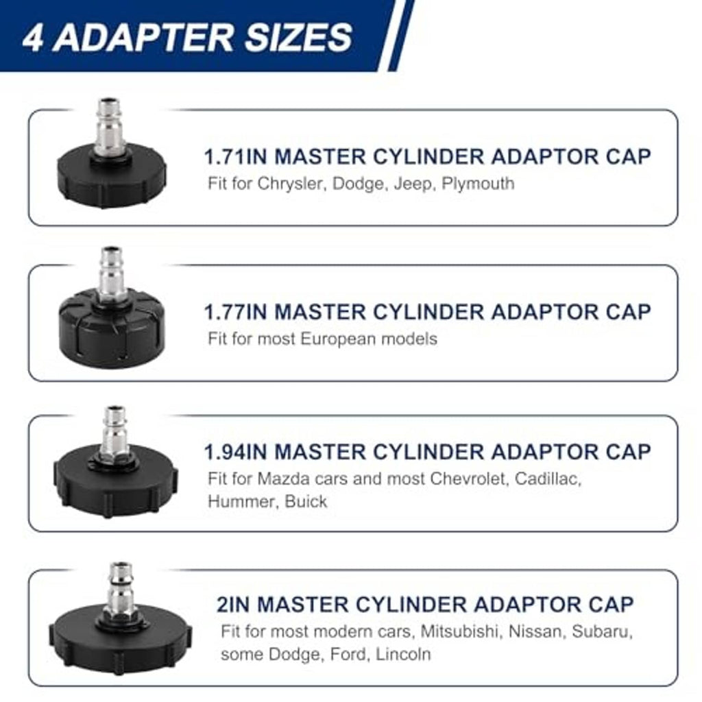 Brake bleeder adapter caps set with different master cylinder fitment connectors