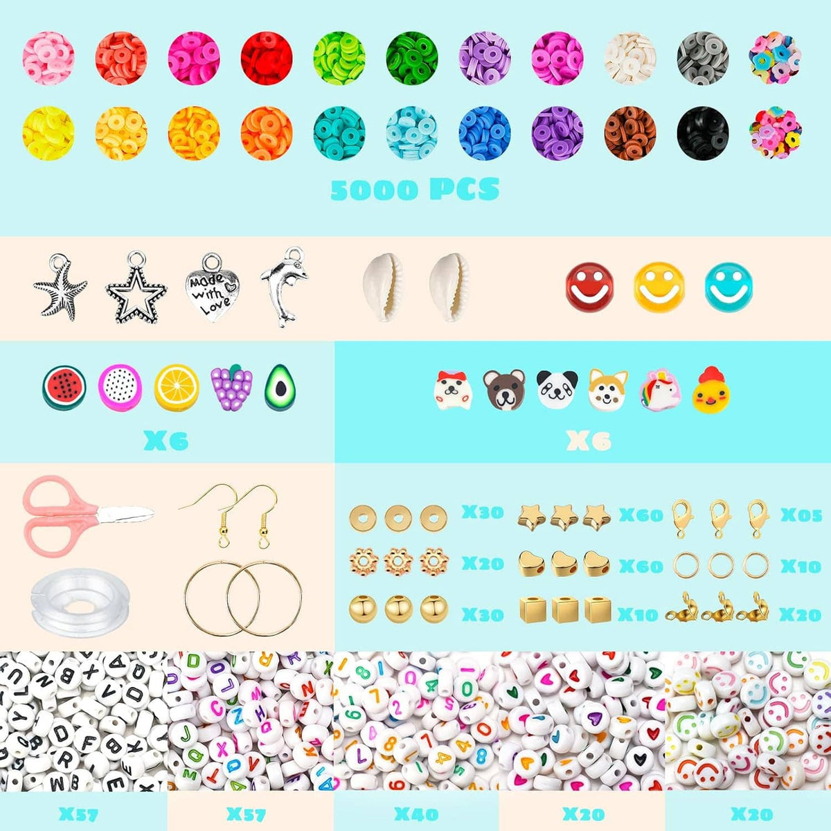 Bracelet making kit contents: patterned clay beads, charms, earring hooks, and tools