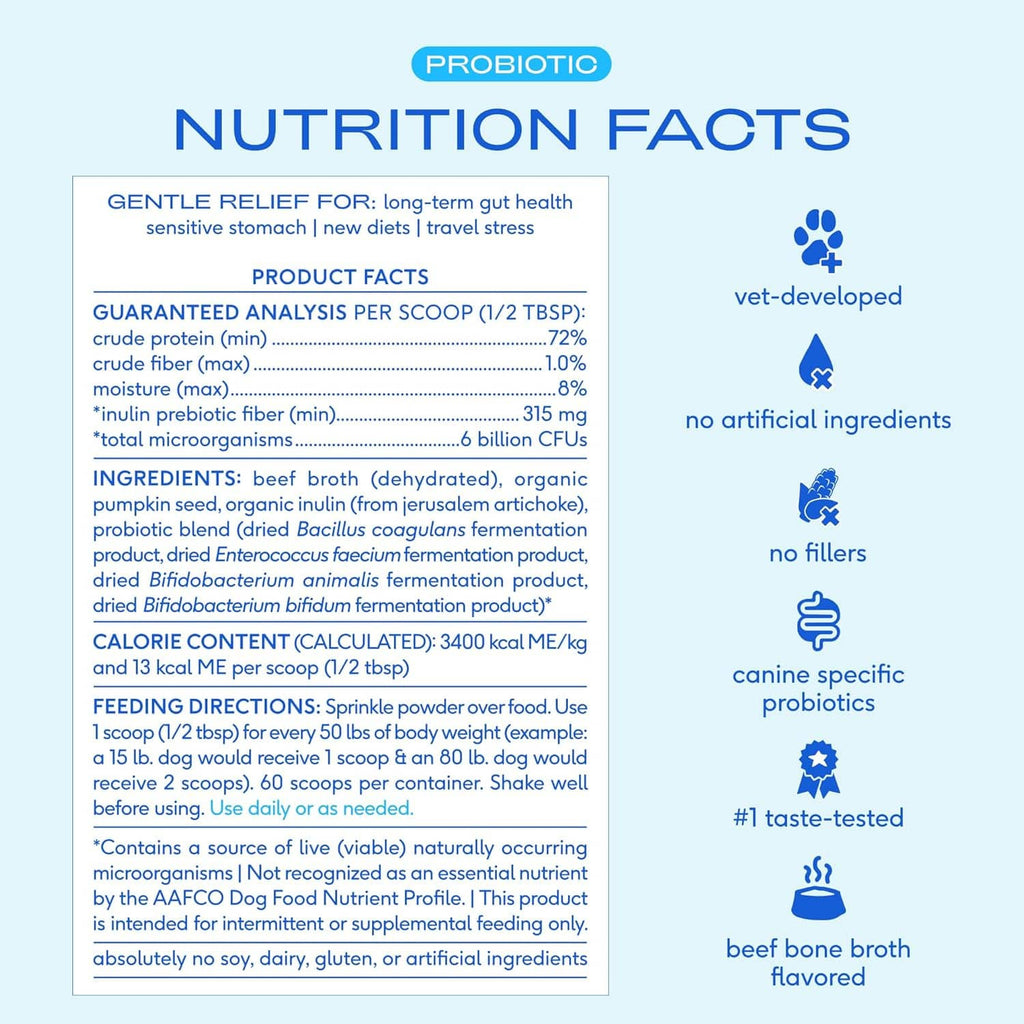Native Pet dog probiotic powder nutrition facts panel with ingredients and feeding directions