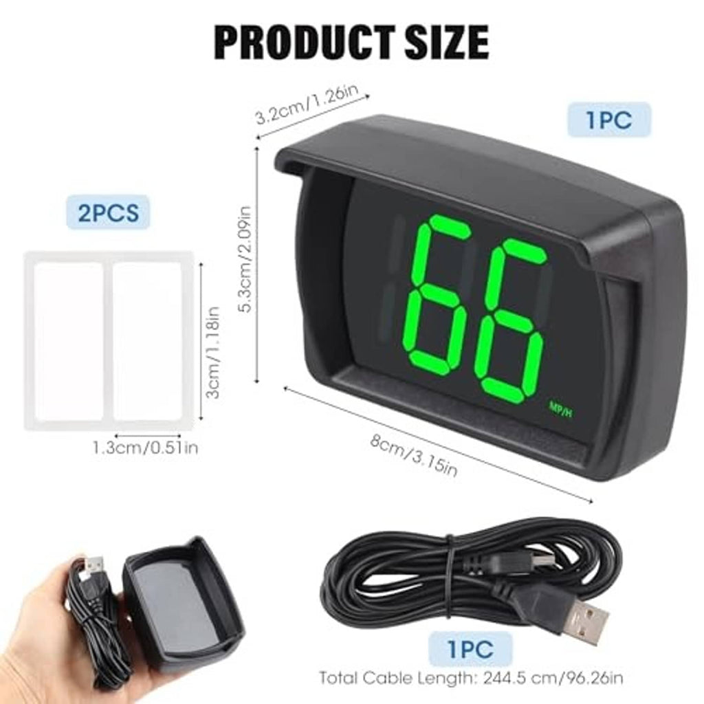 Black GPS HUD speedometer with green 66 MPH digits, USB cable and size chart