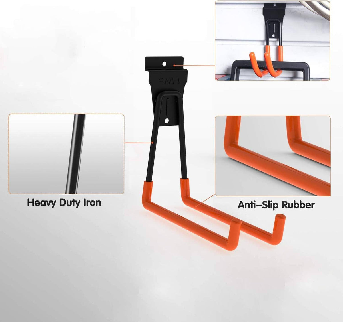 Set of black and orange slatwall hooks with U-shaped anti-slip rubber grips