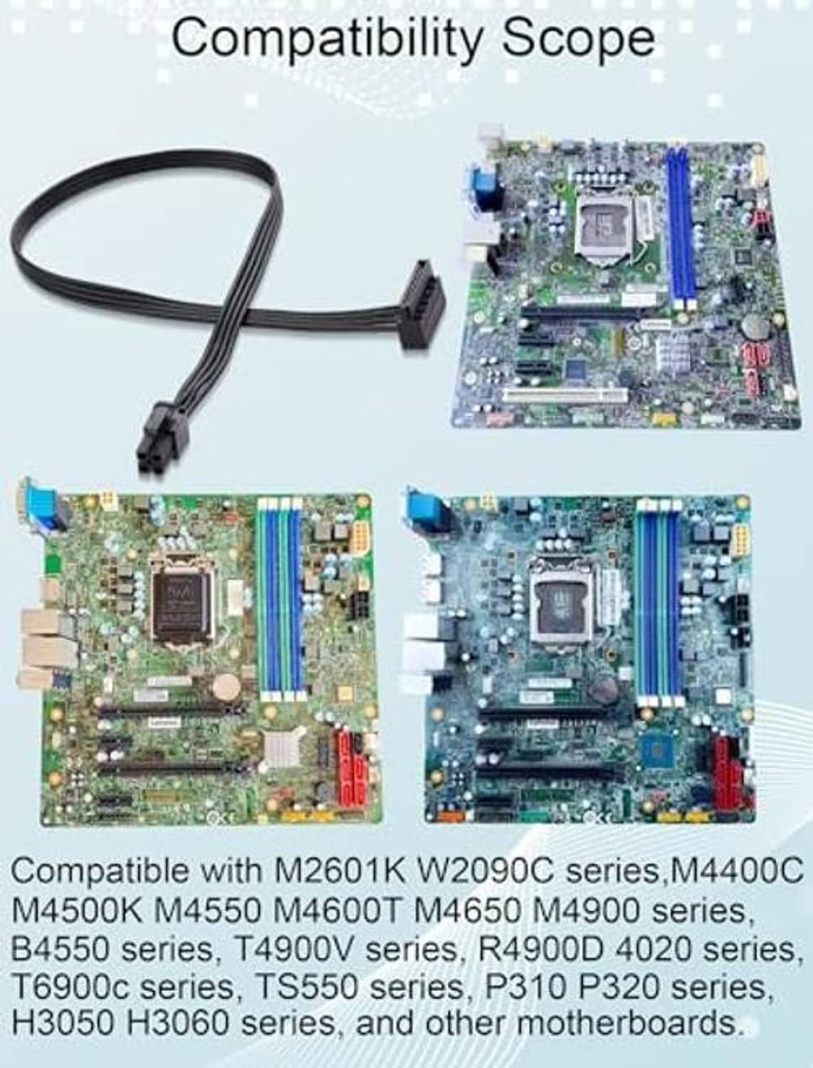 Compatibility scope showing ATX 4-pin to SATA cable connected to motherboards