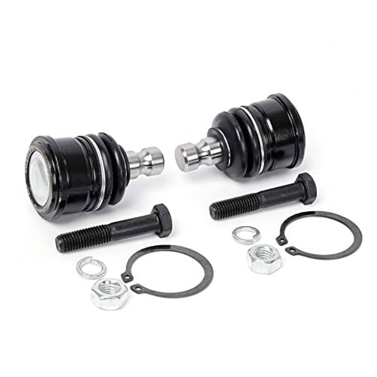 Ball joint pair with black boots, threaded studs, bolts, and retaining rings