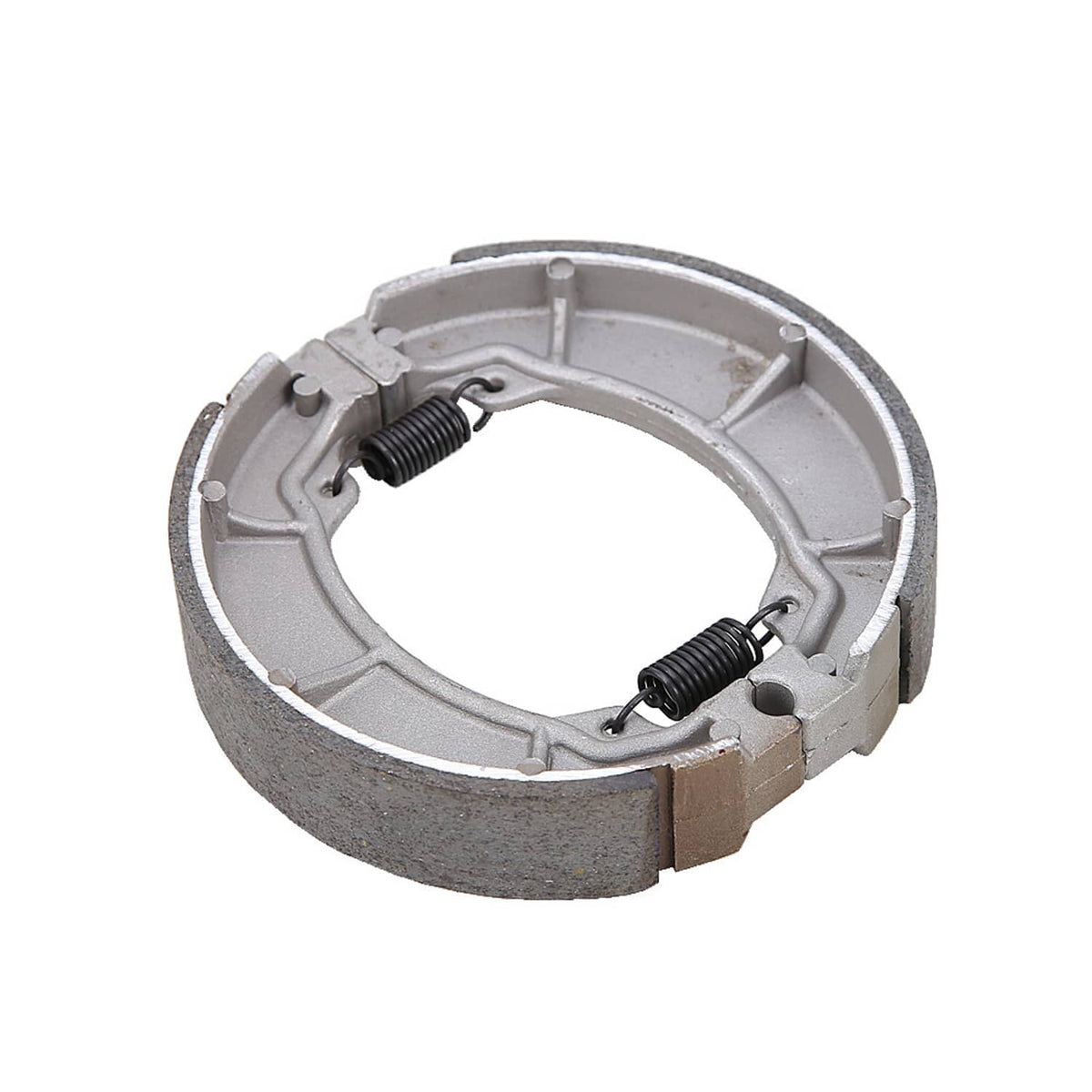 Rear brake shoes set with two springs on metal backing and brake lining blocks