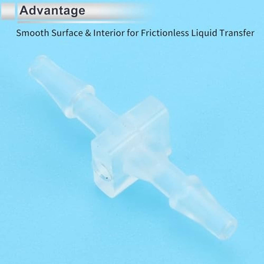 Clear plastic straight hose barb connector with smooth interior channel