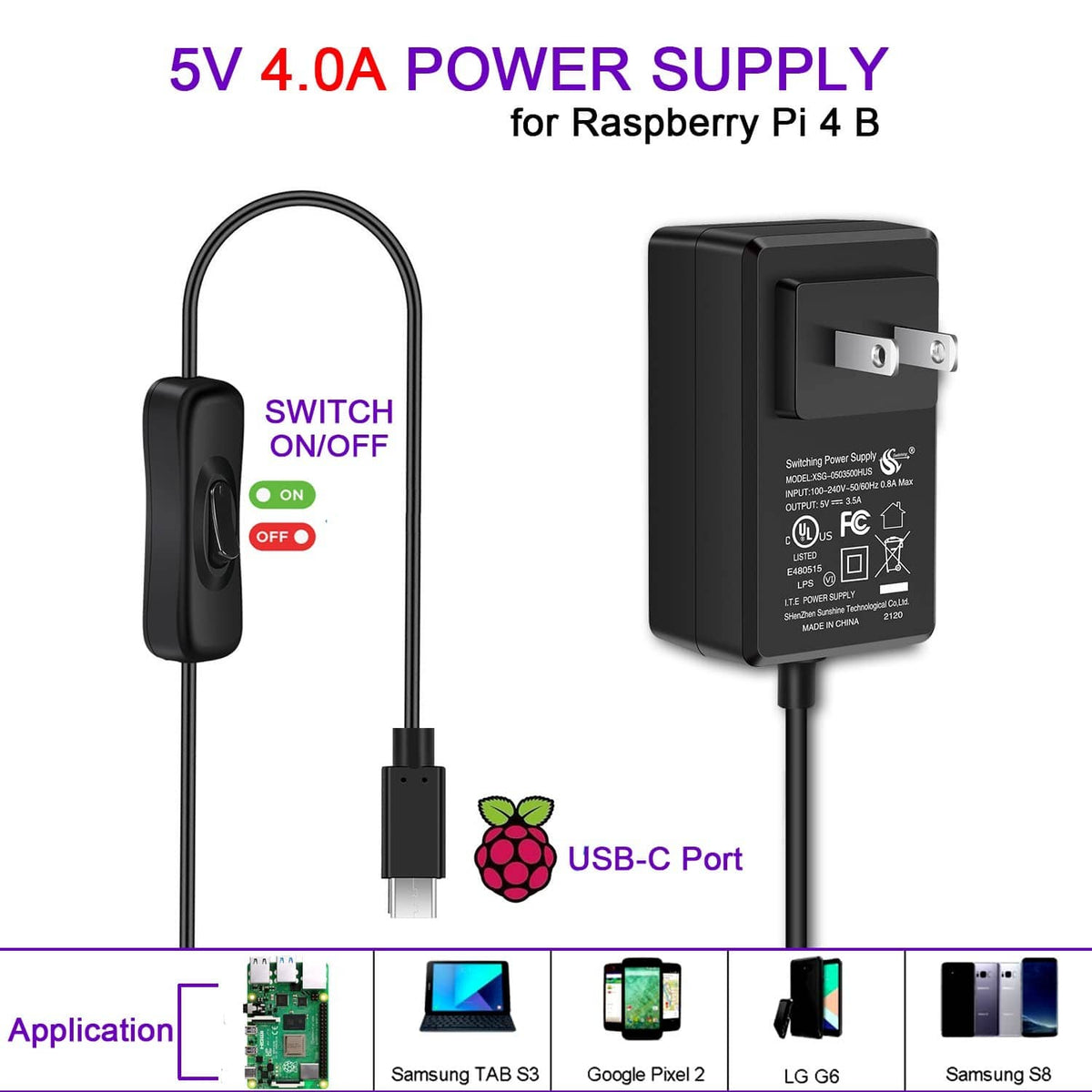 Black 5V 4A USB-C power adapter with ON/OFF switch and DC plug for devices