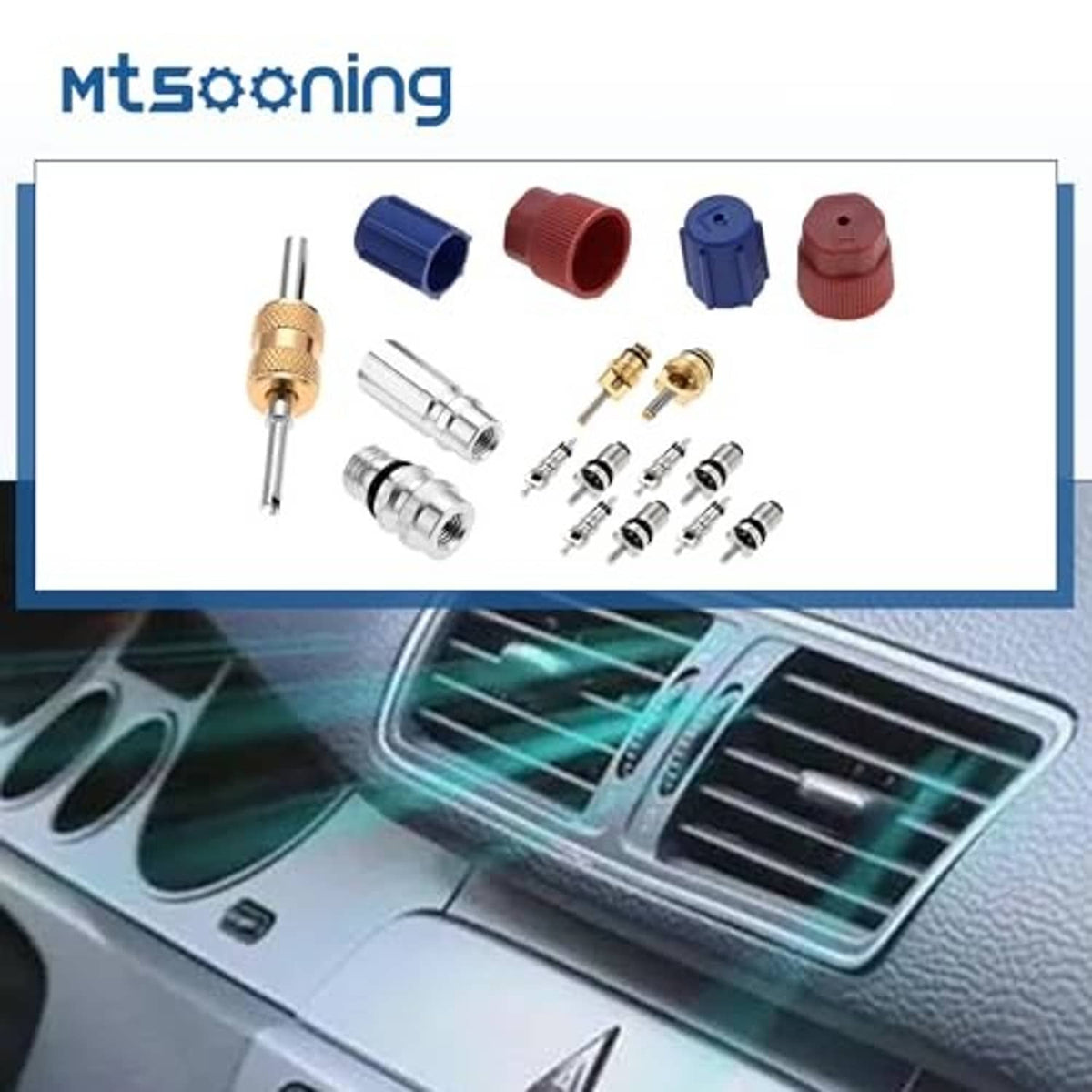 Air conditioning valve core kit with brass and chrome valve core removal tools and caps