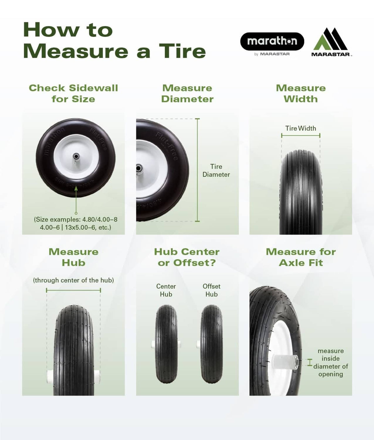 How-to tire measurement diagram showing diameter and width on flat-free tire