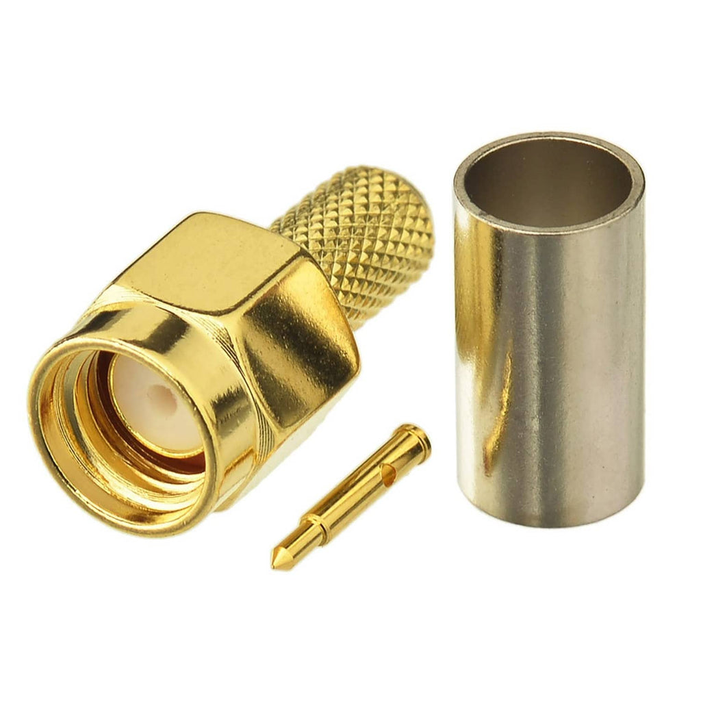 SMA male RF crimp connector with gold plug, metal sleeve, and center pin