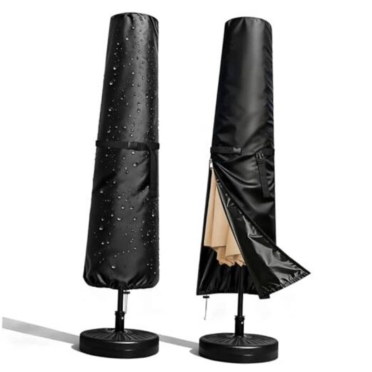 Black waterproof patio umbrella cover with cinch strap and drawstring top