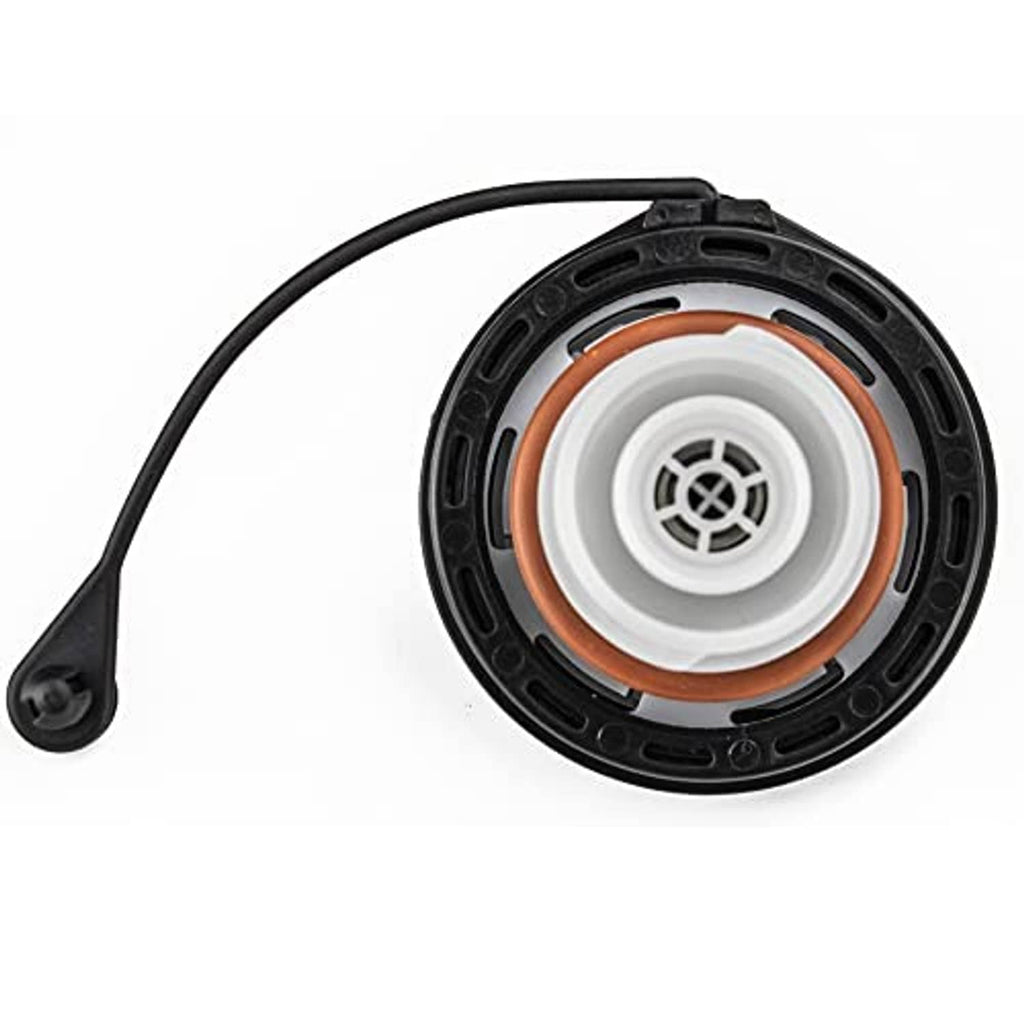 Fuel gas cap underside with orange gasket, white center, and attached black tether