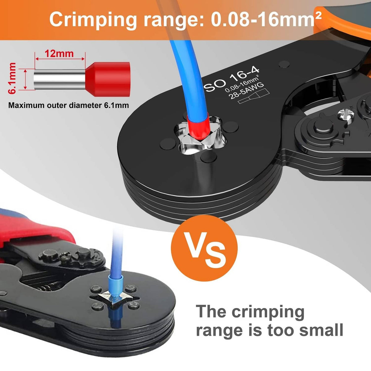 Square jaw wire crimping tool head with blue wire seated in the crimping area