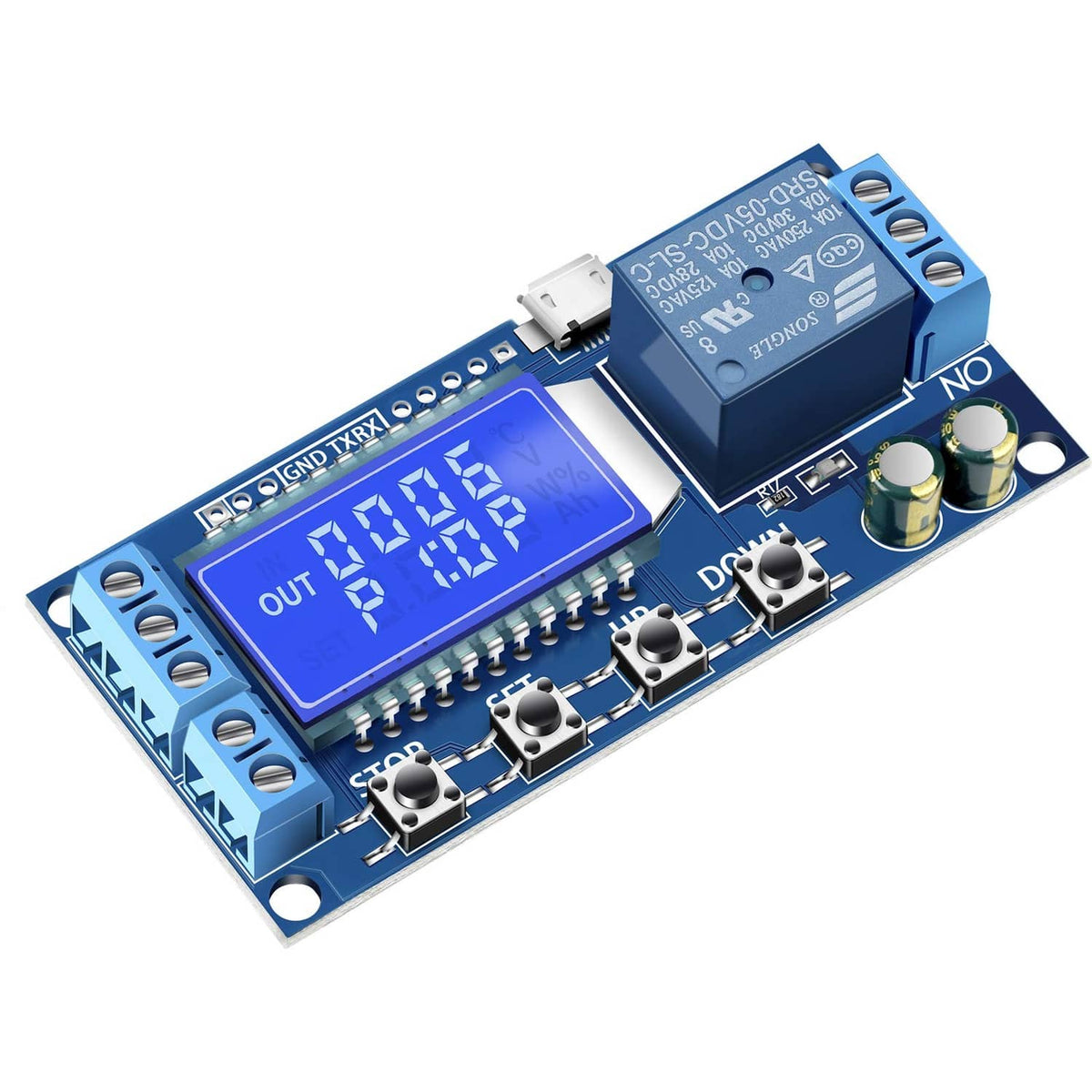 Timer relay delay-off module with blue PCB, MicroUSB port, and NO terminal block