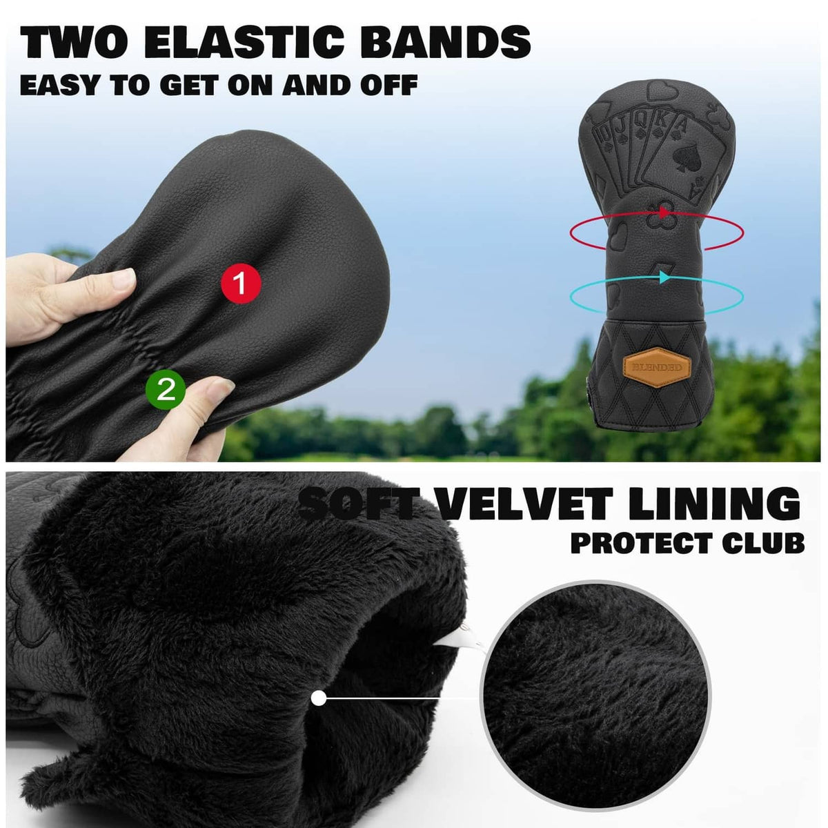 Black golf club driver head cover with elastic bands and soft plush lining.