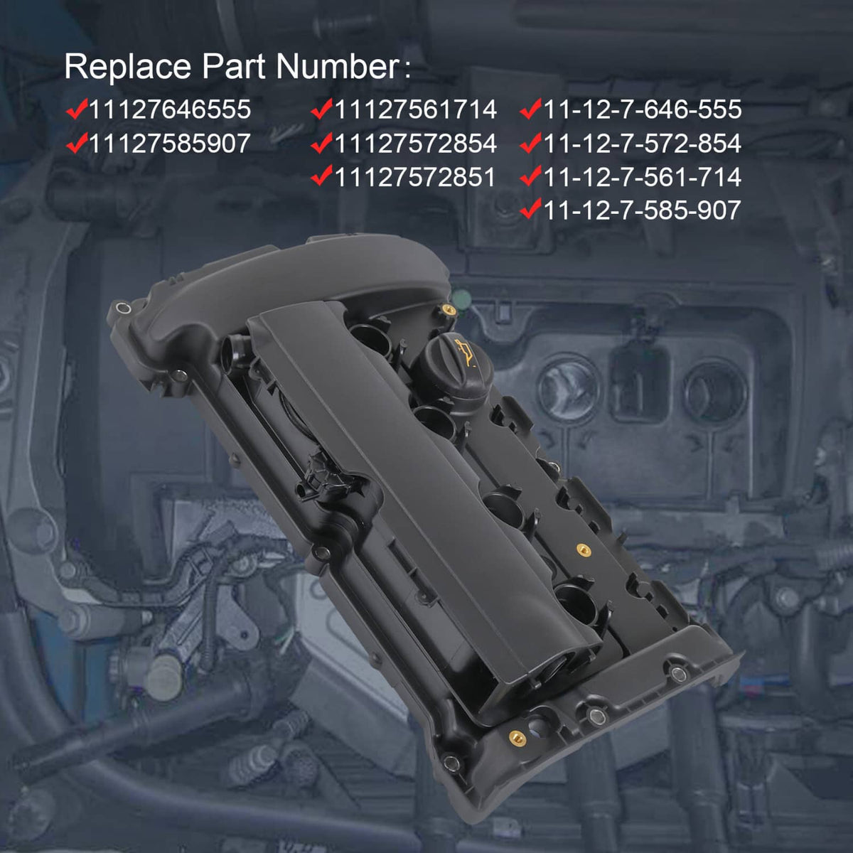 Engine valve cover with mounting holes and PCV valve area, black plastic