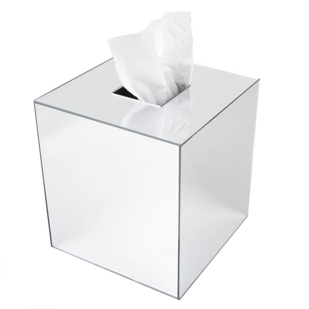 Square acrylic mirror tissue box cover with tissues centered in the open top