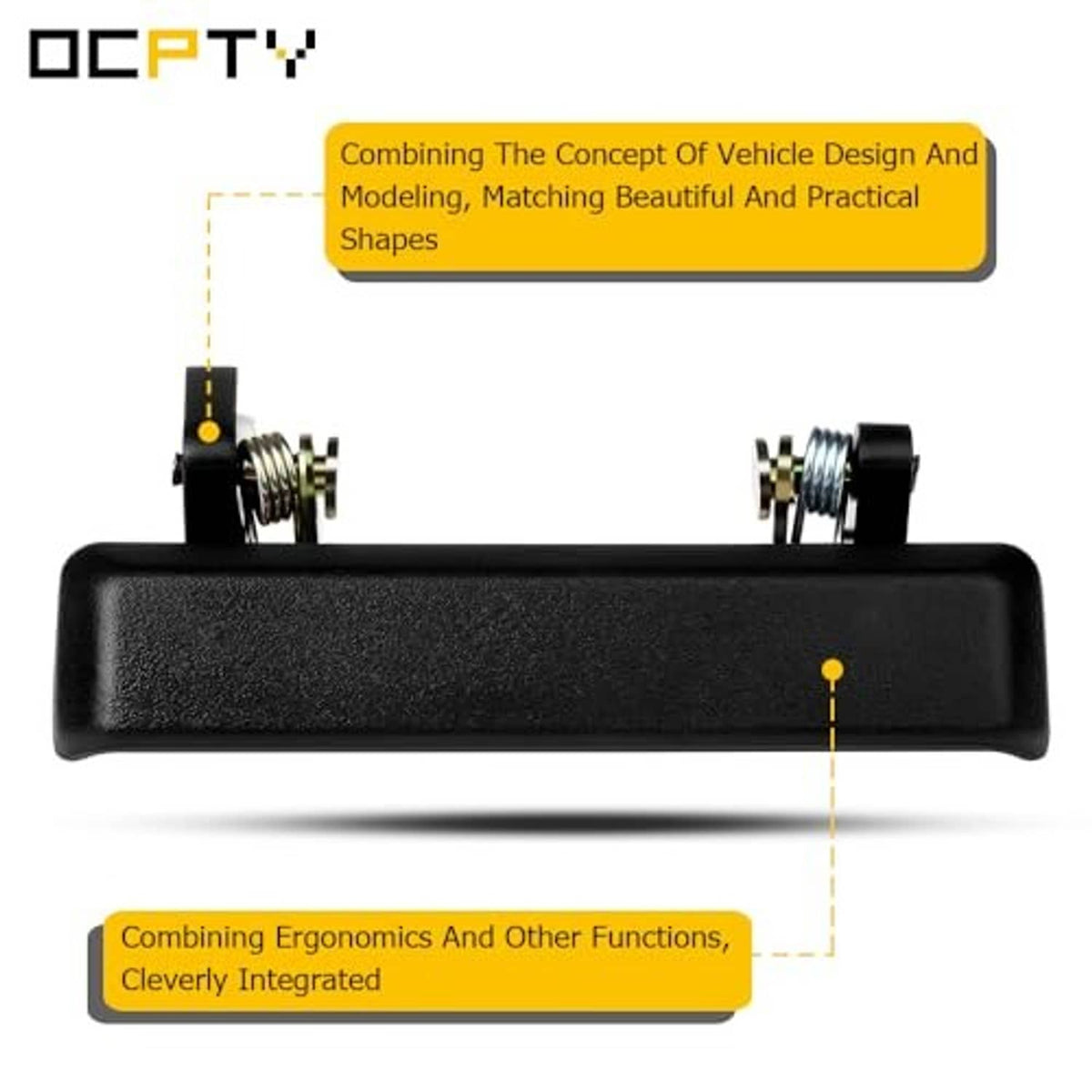 Black door handle with attached metal hinge plate and mounting studs
