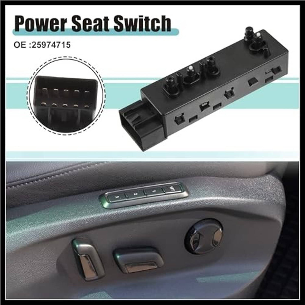 Black power seat switch control module shown near car seat power control panel