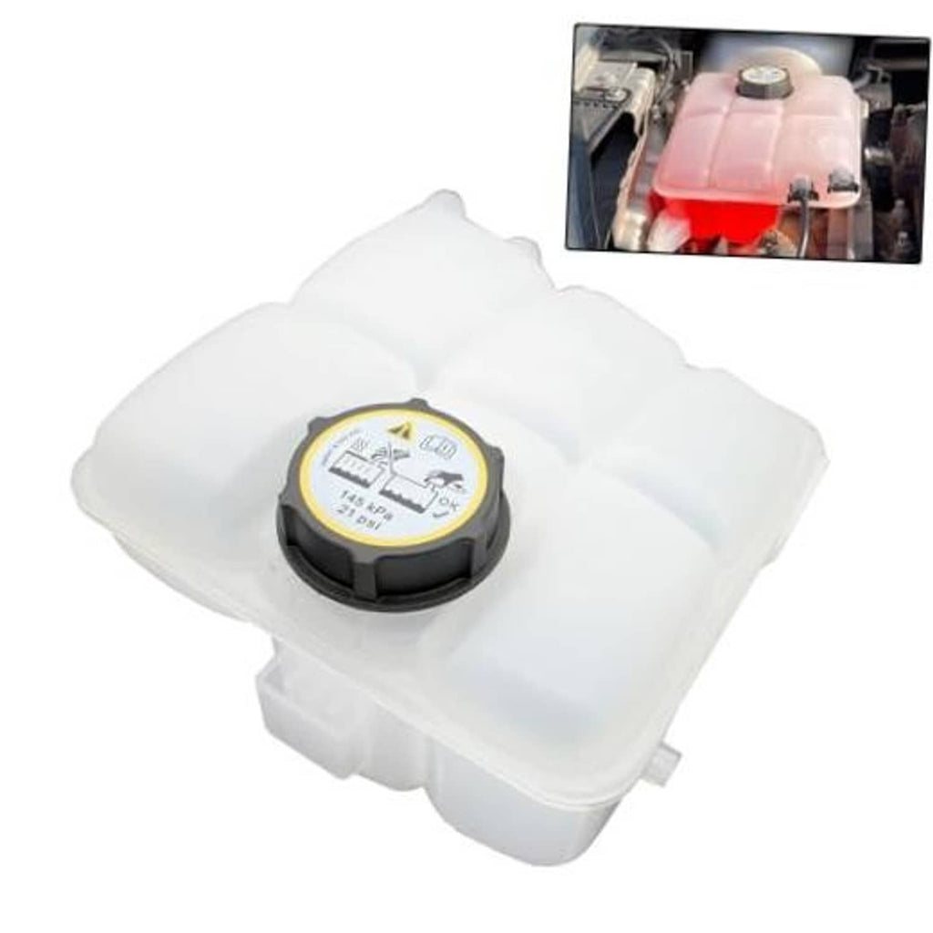 Engine coolant reservoir tank with dark cap and translucent white plastic housing
