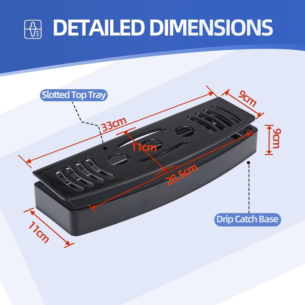 Black front drip tray with slotted top, drain holes, and raised catch base