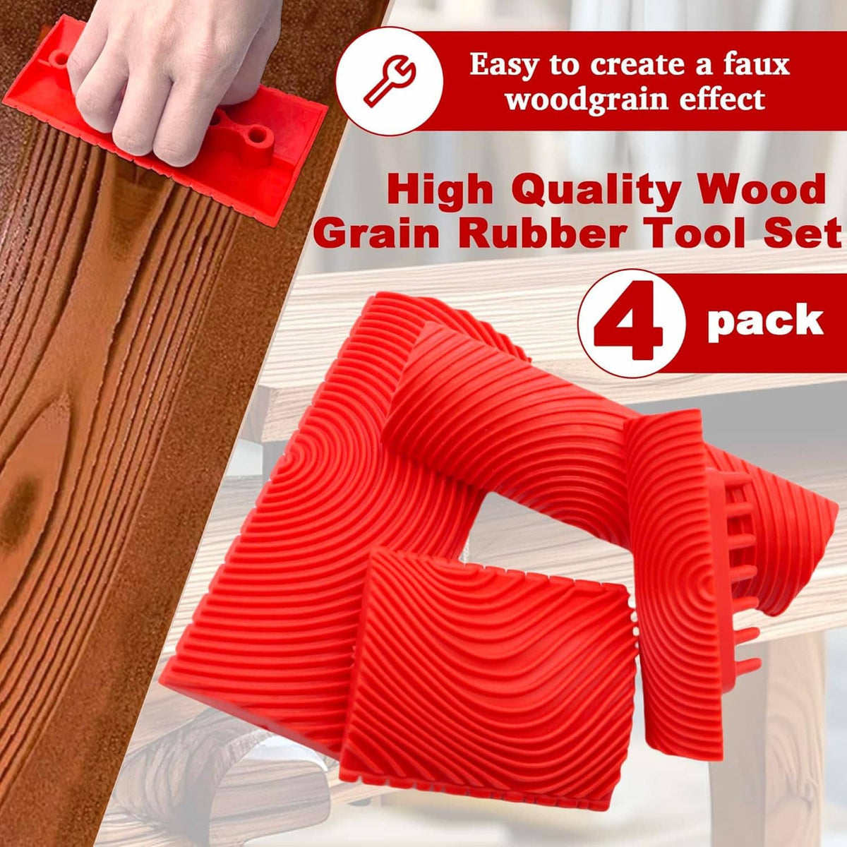 Four red wood-grain rubber tool set pieces next to a faux wood panel