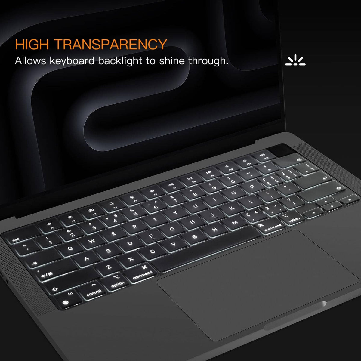 Clear keyboard cover with backlight visibility for MacBook Pro 14/16, snug fit