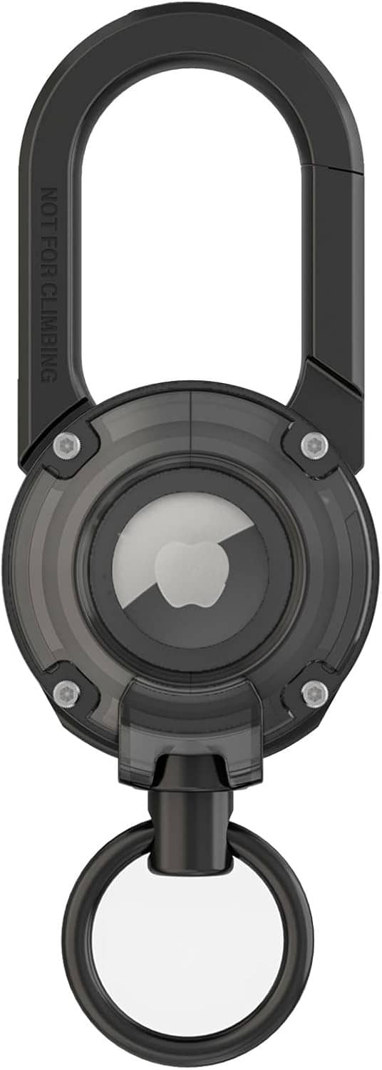 Black carabiner keychain with circular AirTag holder and metal ring