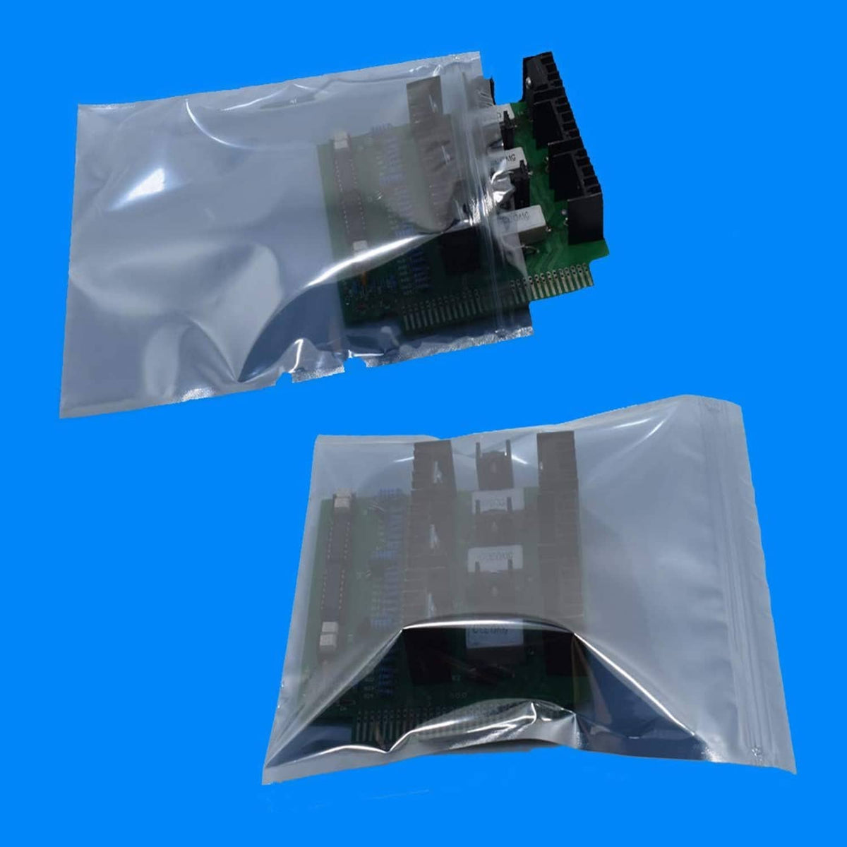 Clear anti-static bags with electronics circuit cards, sealed ESD packaging