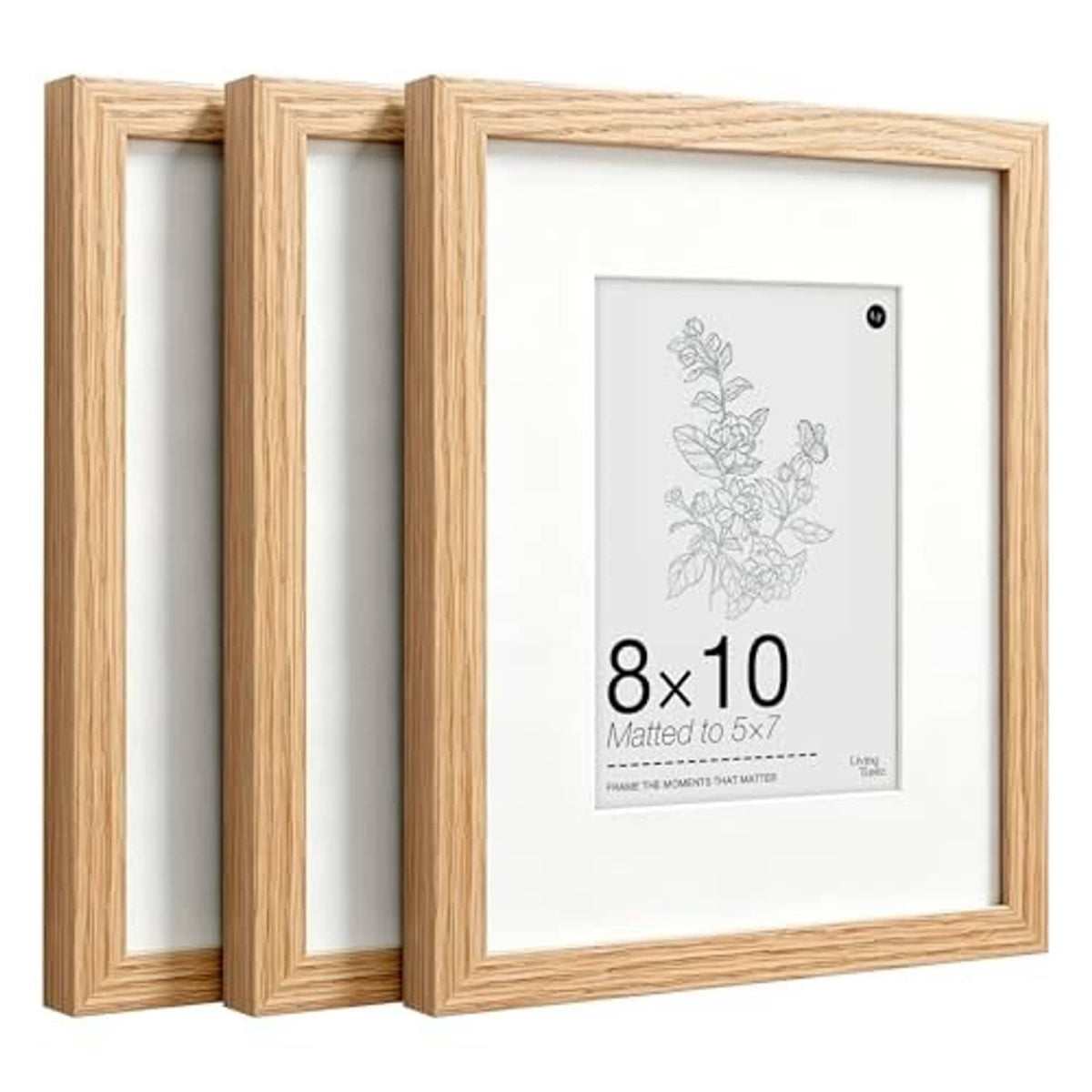 Three 8x10 oak photo frames in natural wood with clear front glass