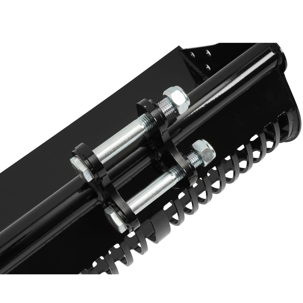 Black steel screening drum attachment with exposed shafts and bolted linkage