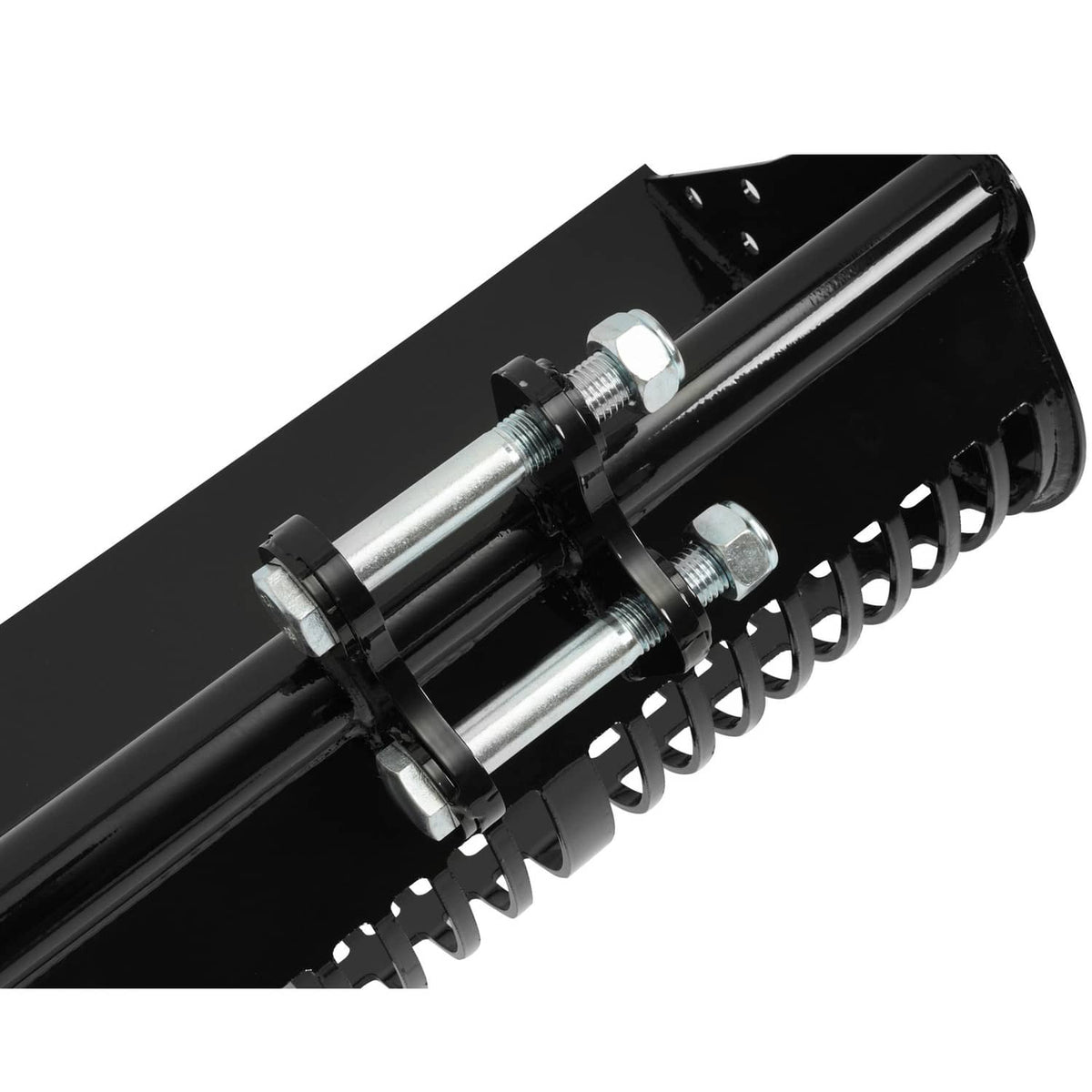 Black steel screening drum attachment with exposed shafts and bolted linkage