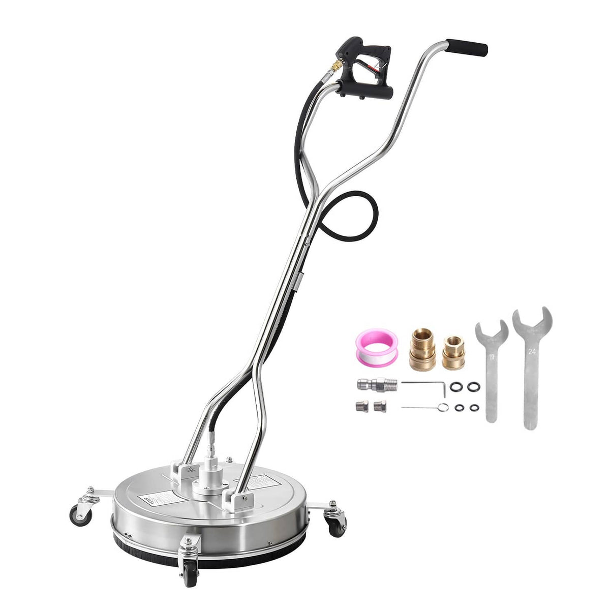 Pressure washer surface cleaner with dual handle and 4 wheels, with accessory fittings included